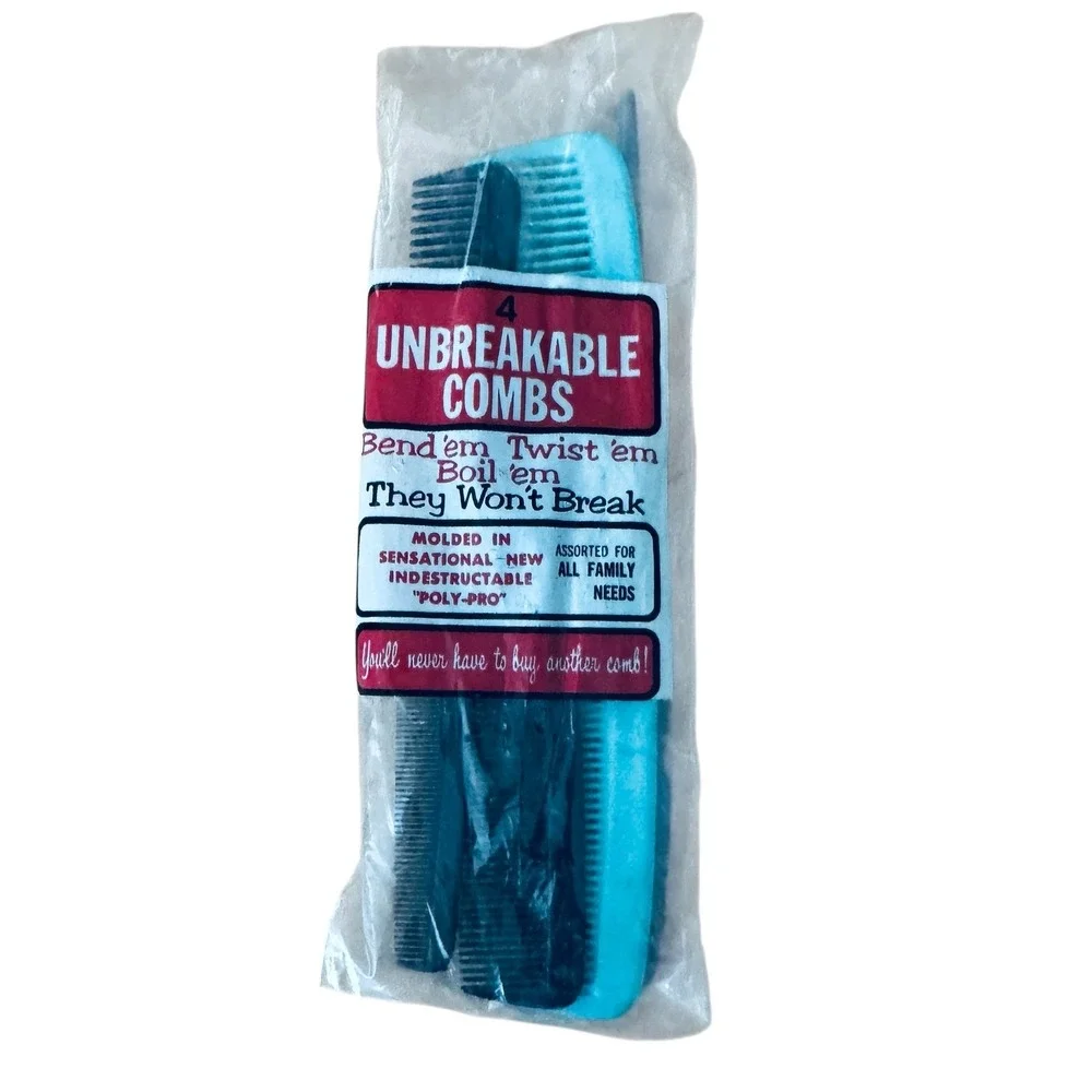 Vintage 4 Unbreakable Combs Set Poly-Pro Blue Black New Old Stock Deadstock